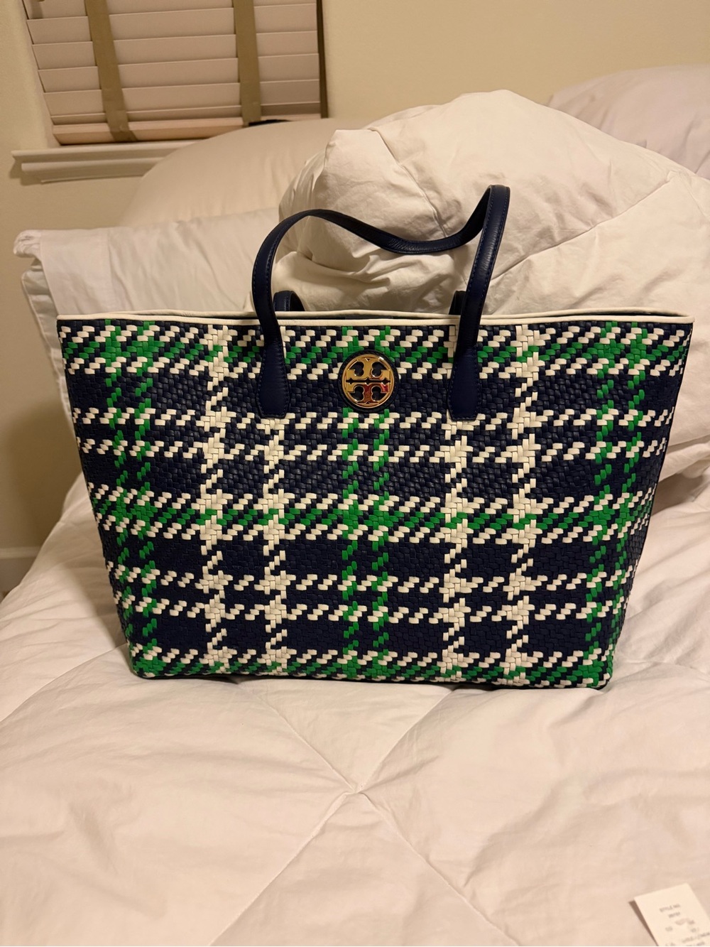 NWT Tory Burch Tote and Wallet Set duet woven in Navy, White & Green Plaid - Picture 2 of 10